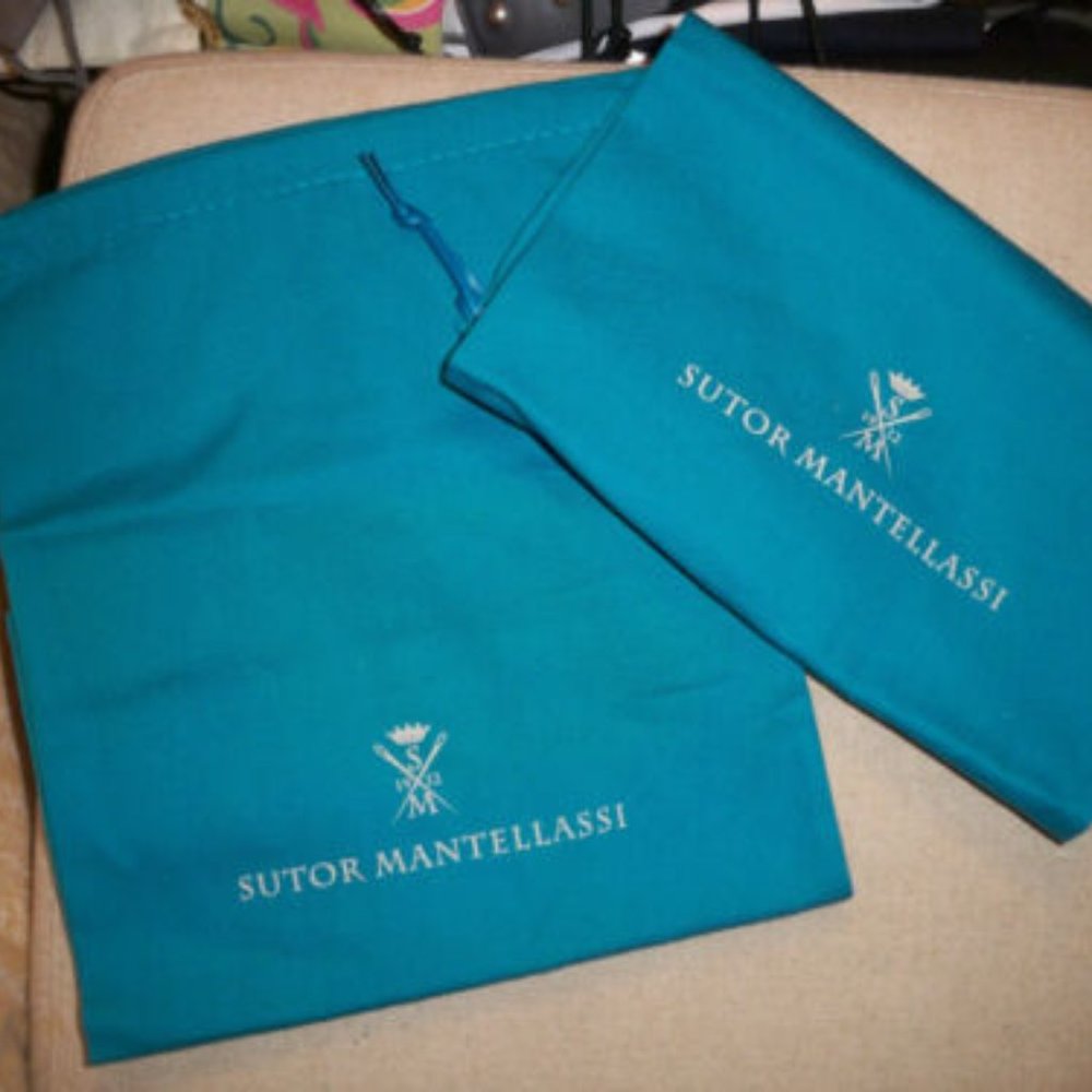 Set of 2 Sutor Mantellassi Dust Bags 9x17 Aqua Blue /White Logo Drawstring bag
